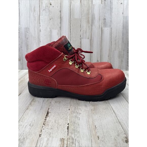 Supreme X Timberland Field Boots Red Leather Suede Men’s Size 13 (no Insoles) - Picture 1 of 14